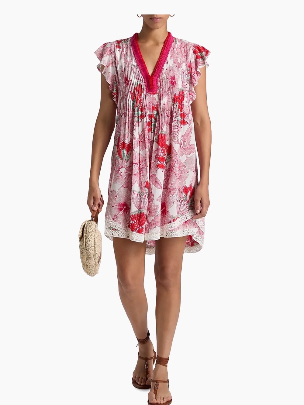 Poupette St. Barth Pink and White Printed V-Neck Mini Dress - Picture 5 of 5
